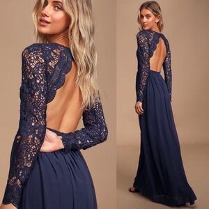 NWT Lulu's Navy Blue Awaken My Love Long Sleeve Lace Maxi Dress- Size M